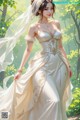 A woman in a wedding dress walking through a forest.